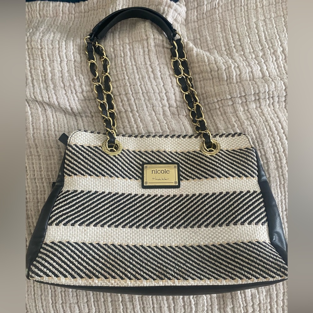 Nicole Black and White Striped Shoulder Bag